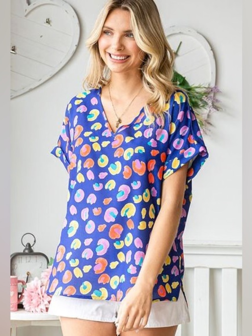 First Love Navy V-Neck Top with Multicolor Spot Print